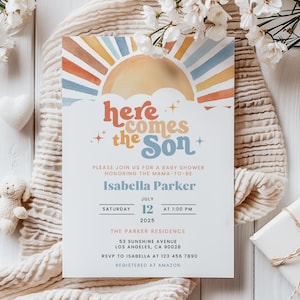 Here Comes the Son Baby Shower Invitation, Editable Sunshine Baby Shower Invitation, Boy Sonshine Baby Shower, Boho Sunshine Shower
