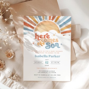 Editable Sunshine Baby Shower Invitation, Here Comes the Son Baby Shower Invitation, Boy Sonshine Baby Shower, Boho Sunshine Shower