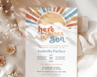 Editable Sunshine Baby Shower Invitation, Here Comes the Son Baby Shower Invitation, Boy Sonshine Baby Shower, Boho Sunshine Shower