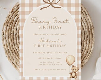 Beary First Birthday Invitation, Teddy Bear 1st Birthday Invitation, Neutral Gingham, Editable Canva Template