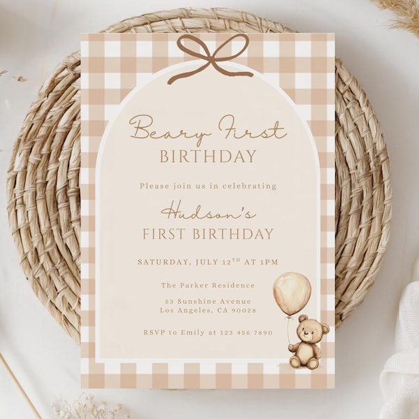 Faire-part premier anniversaire Beary, Faire-part 1er anniversaire ours en peluche, Vichy neutre, modèle de toile éditable