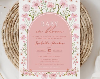Invitación editable para baby shower con flores silvestres, flores rosas de primavera, baby shower para niña
