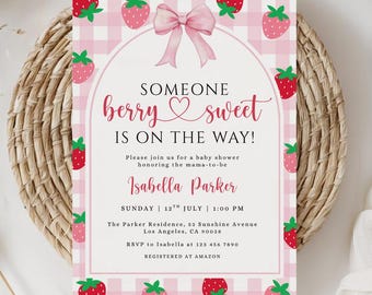 Strawberry Baby Shower Invitation Template, Editable Berry Sweet Baby Shower Invitation, Strawberry Theme, Digital Download
