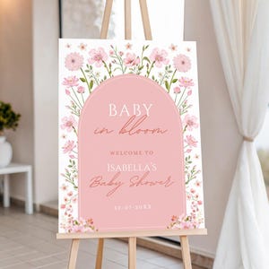 Baby in Bloom Willkommensschild, Wildblumen-Willkommensschild, bearbeitbare Babyparty-Willkommensschild-Vorlage, Mädchen-Babyparty, Blumen-Babypartyschild