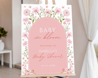 Baby in Bloom Welcome Sign, Wildflower Welcome Sign, Editable Baby Shower Welcome Sign Template, Girl Baby Shower, Floral Baby Shower Sign