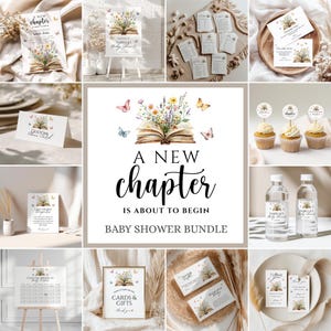 May include: A collection of baby shower stationery items. The design features an open book with floral arrangements and butterflies. The text "A New Chapter is About to Begin" is displayed prominently. Includes invitations, cupcake toppers, and water bottle labels.