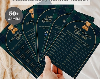 May include: A set of editable baby shower game cards featuring a dark green plaid background with gold arched borders and teddy bear illustrations. The cards include titles like Find the Bingo, Emoji Pictionary, and Baby Word Scramble with text.