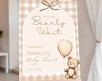 We Can Bearly Wait Baby Shower Welcome Sign, Boho Teddy Bear Baby Shower Editable Digital, Gender Neutral Bear Baby Shower Welcome Sign