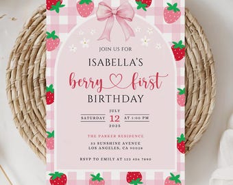 Berry First Birthday Invitation Template, Editable 1st Birthday Girl Invite, Printable Strawberry First Birthday Girl Invitation, Canva
