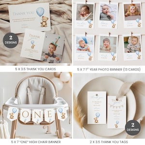 Pacchetto di inviti modificabili per il primo compleanno di un orsetto, 1° compleanno per bambino, decorazioni per feste a tema orsetto, invito per il compleanno di un orsetto immagine 3