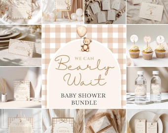 Paquete de baby shower "Podemos esperar", paquete de baby shower de osito de peluche de género neutro, conjunto de invitaciones para bebé con osito de peluche bohemio minimalista