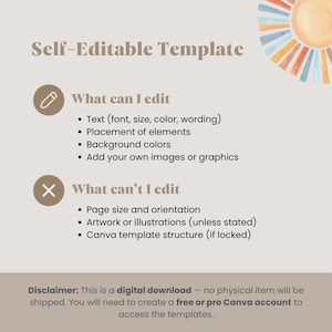 Pode incluir: Gr&aacute;fico bege com o texto "Self-Editable Template". Lista o que pode e n&atilde;o pode ser editado, incluindo texto, posicionamento e cores de fundo. Um sol em aquarela est&aacute; no canto superior direito. &Eacute; um download digital.