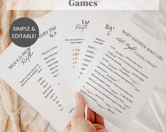 Baby Shower Games Bundle, Minimalist Gender Neutral Baby Sprinkle Activities, Printable Editable Funny Simple Baby Shower Games