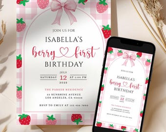 Berry First Birthday Invitation, Editable 1st Birthday Girl Invite, Printable Strawberry First Birthday Girl Invitation Template Canva