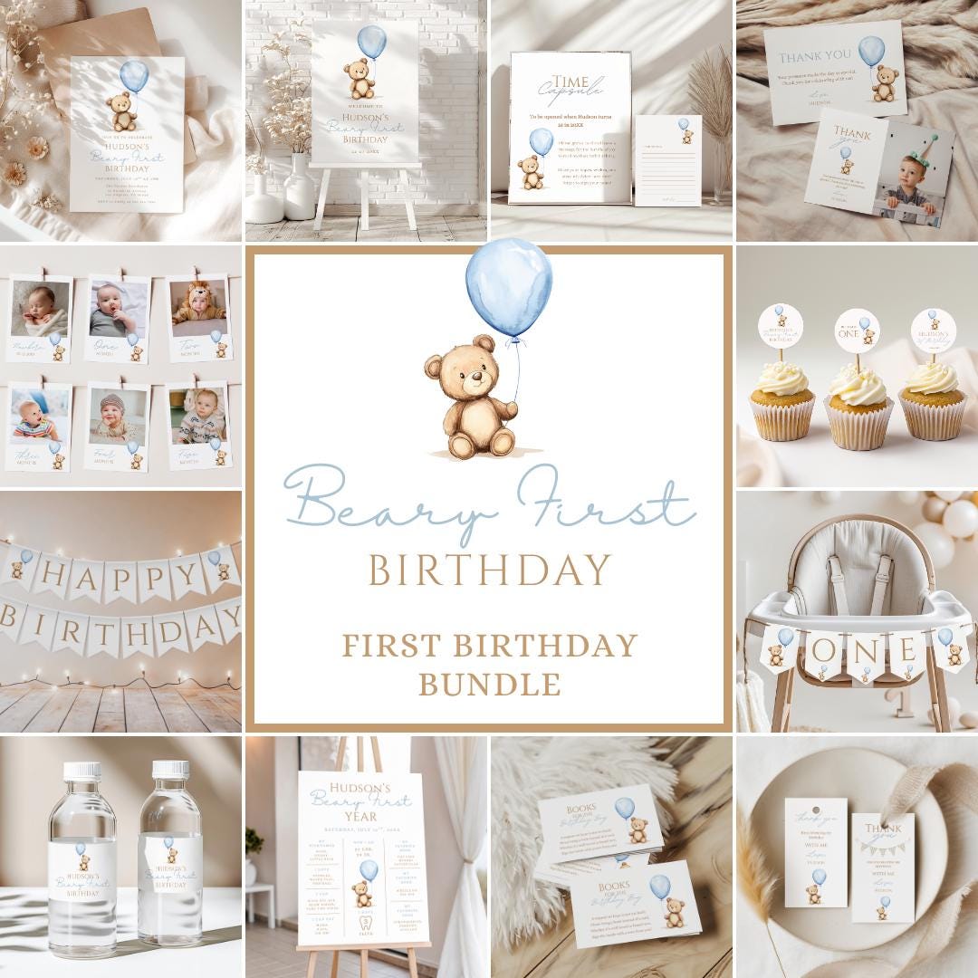 Beary First Birthday Invitation Bundle, 1st Birthday Boy, Teddy Bear ...