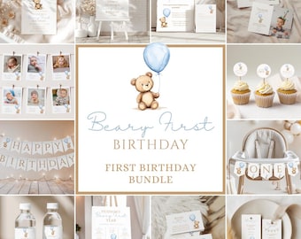 Paquete de invitaciones para el primer cumpleaños de Beary, primer cumpleaños de niño, decoraciones para fiesta de osito de peluche, invitación de cumpleaños de osito de peluche