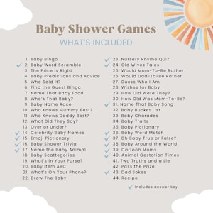 Pode incluir: Uma lista de jogos para ch&aacute; de beb&eacute; com uma paleta de cores suave e neutra. O texto "Baby Shower Games" est&aacute; no topo, seguido de uma lista de t&iacute;tulos de jogos. Um gr&aacute;fico de sol em aquarela est&aacute; no canto superior direito. As palavras "What's Included" est&atilde;o no centro.