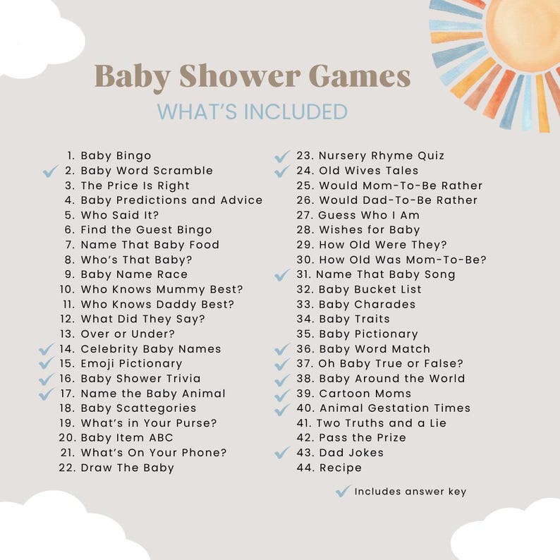 Pode incluir: Uma lista de jogos para ch&aacute; de beb&eacute; com uma paleta de cores suave e neutra. O texto "Baby Shower Games" est&aacute; no topo, seguido de uma lista de t&iacute;tulos de jogos. Um gr&aacute;fico de sol em aquarela est&aacute; no canto superior direito. As palavras "What's Included" est&atilde;o no centro.