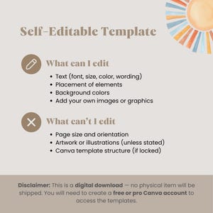 Puede incluir: Un dise&ntilde;o de plantilla digital beige con el texto "Plantilla autoeditable". La imagen enumera lo que se puede y no se puede editar, incluyendo texto, elementos y colores de fondo. Un gr&aacute;fico de sol en acuarela est&aacute; en la esquina superior derecha.