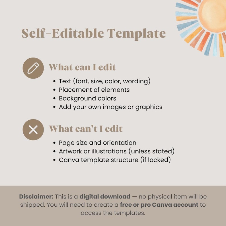 Puede incluir: Un dise&ntilde;o de plantilla digital beige con el texto "Plantilla autoeditable". La imagen enumera lo que se puede y no se puede editar, incluyendo texto, elementos y colores de fondo. Un gr&aacute;fico de sol en acuarela est&aacute; en la esquina superior derecha.