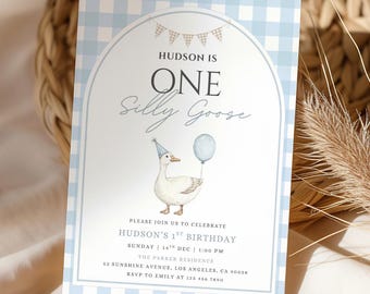 One Silly Goose Birthday Invitation Template, Printable Boy 1st Birthday Printable Invite, Blue Gingham Silly Goose Invite Editable