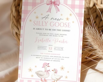 Pink Silly Goose Baby Shower Invitation Girl, Printable Mother Goose Baby Shower Invite, Coquette Bow Goose Baby Shower