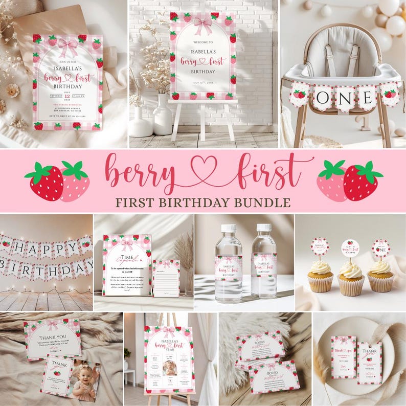 May include: A berry first birthday party bundle featuring strawberry-themed decorations, including invitations, a high chair banner, cupcake toppers, water bottle labels, thank you cards, and signage with pink gingham patterns and bows.