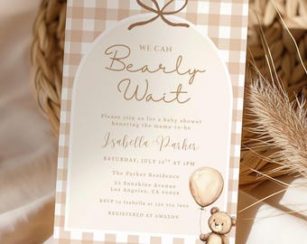 We Can Bearly Wait Baby Shower Invitation, Gender Neutral Teddy Bear Baby Shower Invite, Editable Canva Template, Digital Download