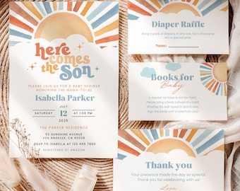 Here Comes the Son Baby Shower Invitation, Editable Sunshine Baby Shower Invitation Bundle, Boy Sonshine Baby Shower, Boho Sunshine Shower
