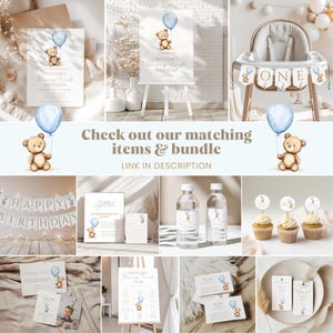 Teddy Bear 1st Birthday Invitation, Beary First Birthday Invitation, Boy 1st Birthday Invite, Editable Canva Template image 2