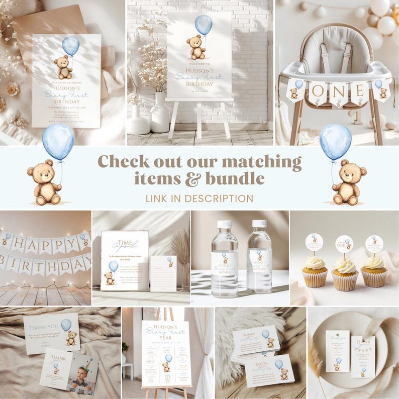 Teddy Bear 1st Birthday Invitation, Beary First Birthday Invitation, Boy 1st Birthday Invite, Editable Canva Template image 2