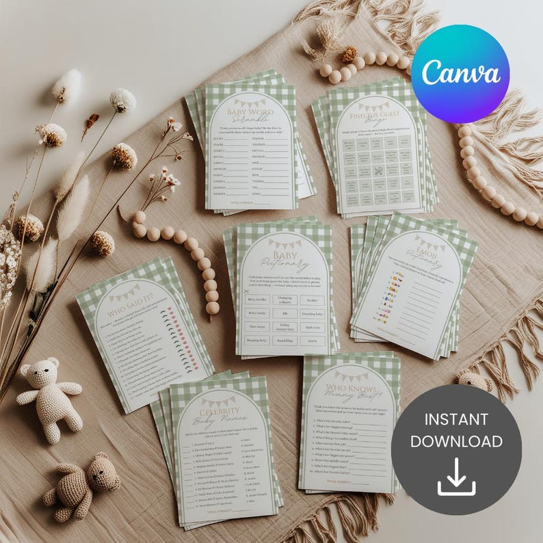 May include: A collection of baby shower game cards with a green gingham pattern and various game titles. The cards are arranged on a neutral-toned fabric with decorative elements like wooden beads and dried flowers. The Canva logo is visible.