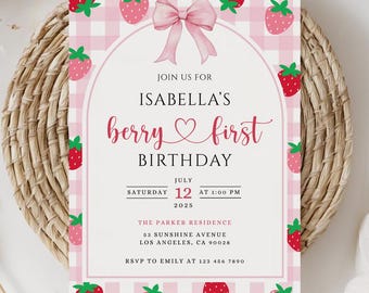 Berry First Birthday Invitation, Editable 1st Birthday Girl Invite, Printable Strawberry First Birthday Girl Invitation Template Canva
