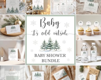 Puede incluir: Un conjunto de papelería para baby shower con temática invernal. Los diseños presentan ilustraciones en acuarela de árboles de hoja perenne y copos de nieve. El texto "Baby it's cold outside" se muestra en varias tarjetas, letreros y adornos para cupcakes. El paquete incluye invitaciones, tarjetas de agradecimiento y más.