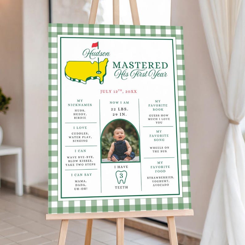 Masters First Birthday Milestone Sign, Editable Golf 1st Birthday Milestone Poster, Digital Download image 1