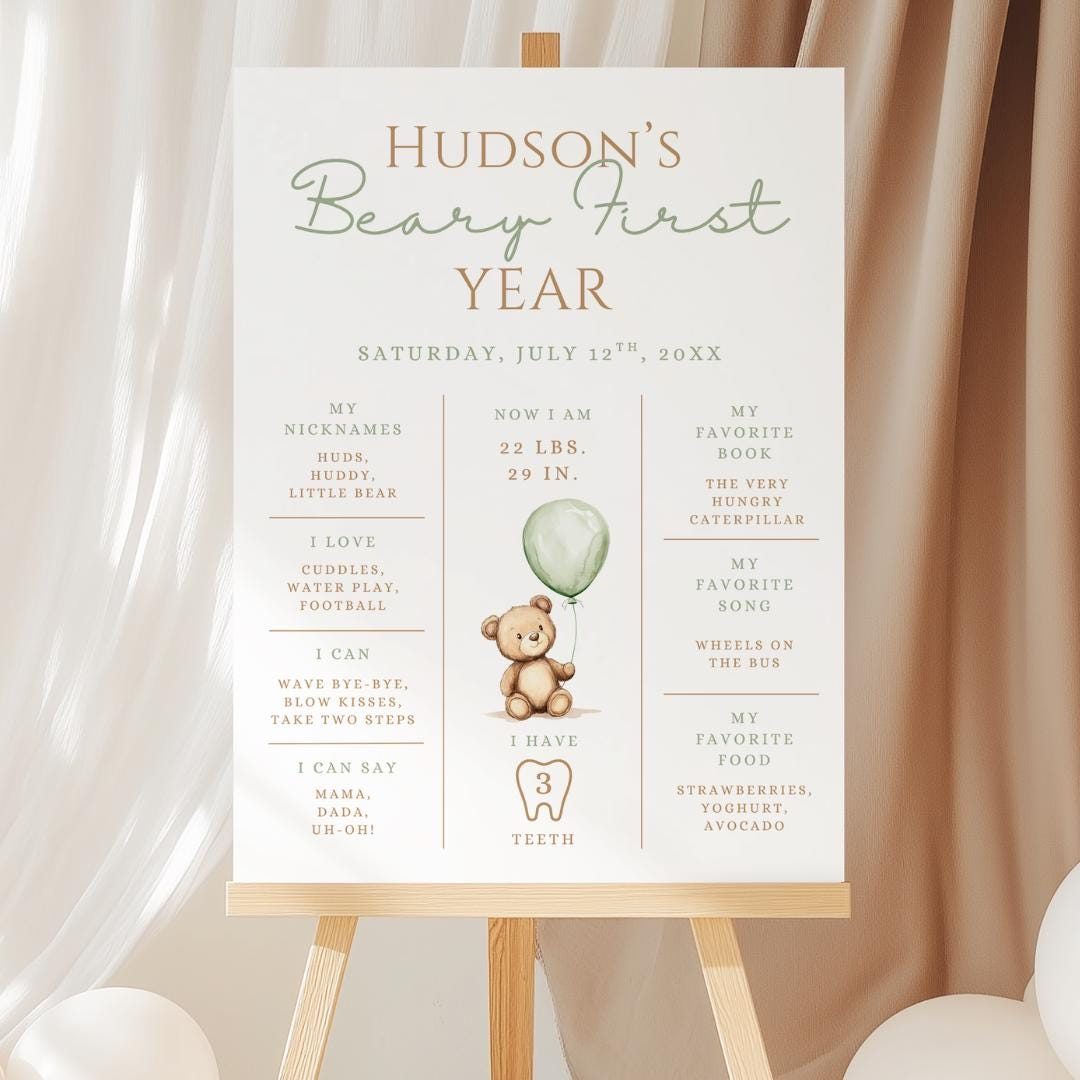 Teddy Bear 1st Birthday Milestone Board, Beary First Birthday Milestone ...