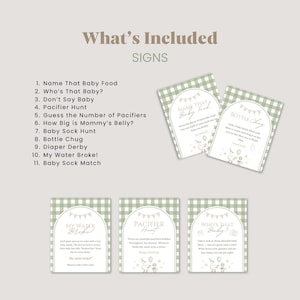 May include: Baby shower game signs with a green and white gingham pattern. The signs include games like "Name That Baby Food" and "Who's That Baby?" with decorative illustrations of baby-related items.
