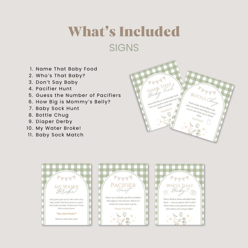 May include: Baby shower game signs with a green and white gingham pattern. The signs include games like "Name That Baby Food" and "Who's That Baby?" with decorative illustrations of baby-related items.