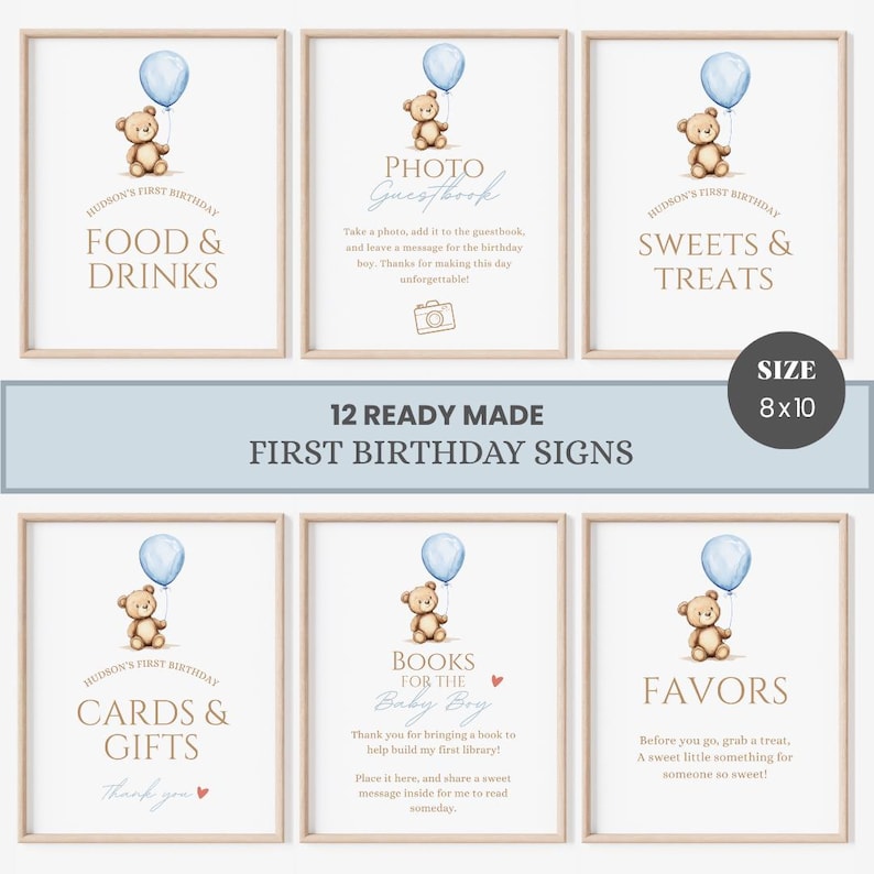 Pu&ograve; includere: Set di 6 cartelli incorniciati per una festa di primo compleanno. Ogni cartello presenta un orsacchiotto con un palloncino blu. Testi: "Food & Drinks", "Photo Guestbook", "Sweets & Treats", "Cards & Gifts", "Books for the Baby Boy" e "Favors". Cartelli di 20x25 cm.