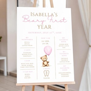 May include: A white sign on an easel with pink text and graphics. The sign reads "Isabella's Beary First Year" and includes details about the child's first year, such as nicknames, weight (10 kg), height (74 cm), and favorite things.