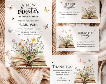 May include: A baby shower stationery set featuring floral and butterfly designs. The invitation reads "A New Chapter is About to Begin" and includes details for Isabella Parker's baby shower. Includes diaper raffle, book request, and thank you cards.