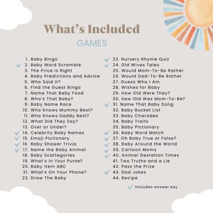 Puede incluir: Una tarjeta beige claro con el texto "What's Included" y una lista de juegos para baby shower. La lista incluye juegos como "Baby Bingo", "Baby Word Scramble" y "Baby Trivia". Un sol y nubes de acuarela decoran la parte superior.
