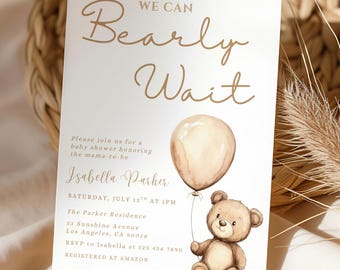 Teddy Bear Baby Shower Invitation, We Can Bearly Wait Baby Shower Invitation, Gender Neutral Baby Shower, Brown Beige Boho Bear Baby Shower