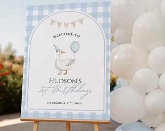 One Silly Goose 1st Birthday Welcome Sign, Editable Boy Goose 1st Birthday Blue Printable Sign Decor, First Birthday Welcome Sign