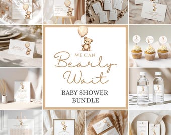 Paquete de baby shower "Podemos esperar", paquete de baby shower de osito de peluche de género neutro, conjunto de invitaciones para bebé con osito de peluche bohemio minimalista