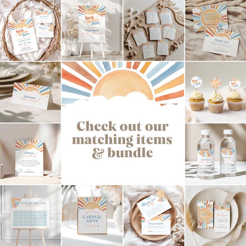 Puede incluir: Un collage de art&iacute;culos de papeler&iacute;a con un dise&ntilde;o de sol en acuarela en naranja, amarillo y azul. Los art&iacute;culos incluyen invitaciones, tarjetas de mesa, tarjetas de agradecimiento y adornos para cupcakes. El texto "Here Comes the Son" y "Cards & Gifts" es visible.