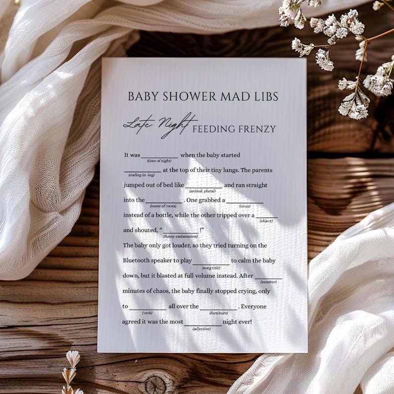 Babyshower Mad Libs, Roligt Babyshower-spel, Minimalistiskt Utskrivbart Könsneutralt Babyshower-spel, Redigerbar Rolig Babyshower-aktivitet bild 5