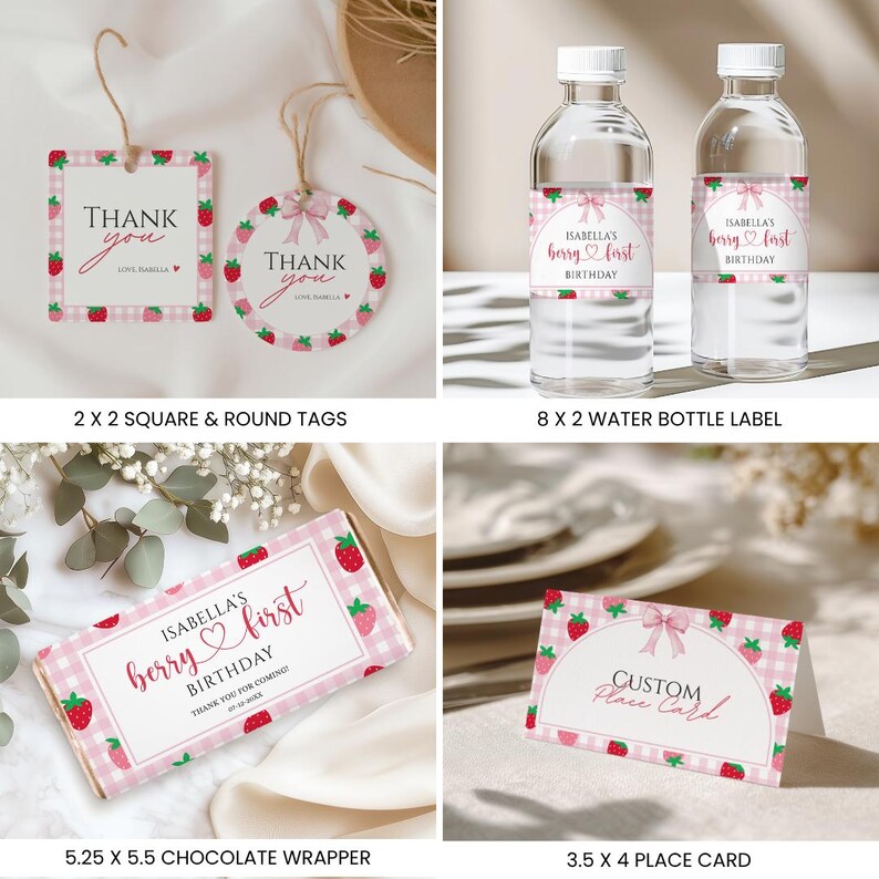 May include: A collection of strawberry-themed party stationery featuring square and round tags, water bottle labels, a chocolate wrapper, and a place card. Each item displays a pink gingham pattern, strawberry illustrations, and custom text.