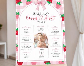 Panneau modifiable d'affiche pour le premier anniversaire des baies, modèle de panneau pour le premier anniversaire des baies, panneau pour le 1er anniversaire aux fraises