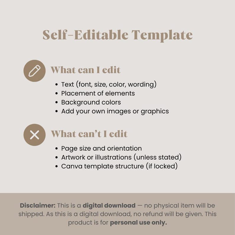 May include: A beige digital template with the text "Self-Editable Template." The image lists what can and cannot be edited, including text, background colors, and image placement. The disclaimer states it is a digital download for personal use.